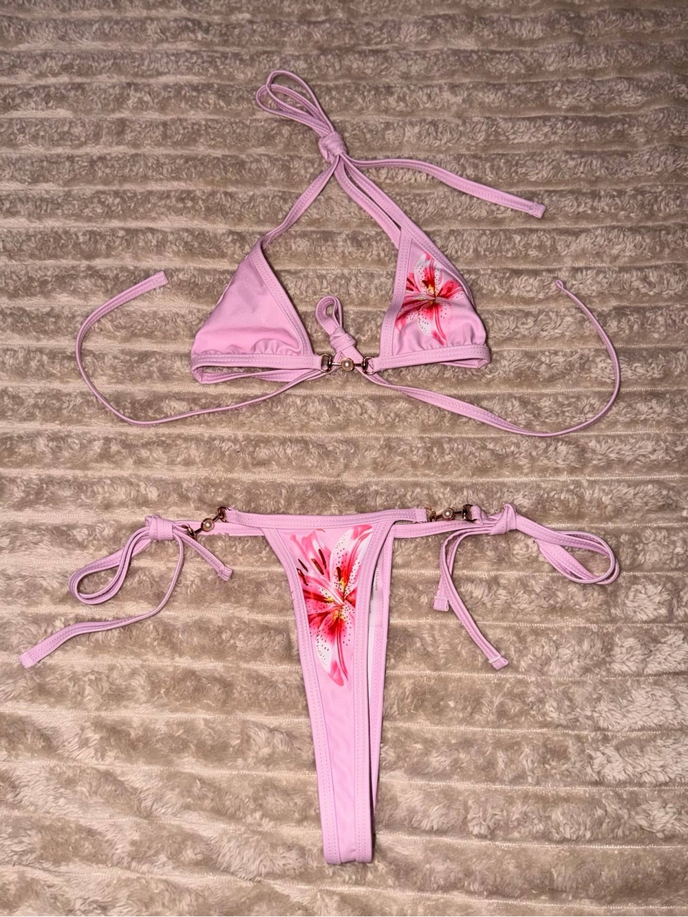 Pink Floral Tie-Side Triangle Bikini Set